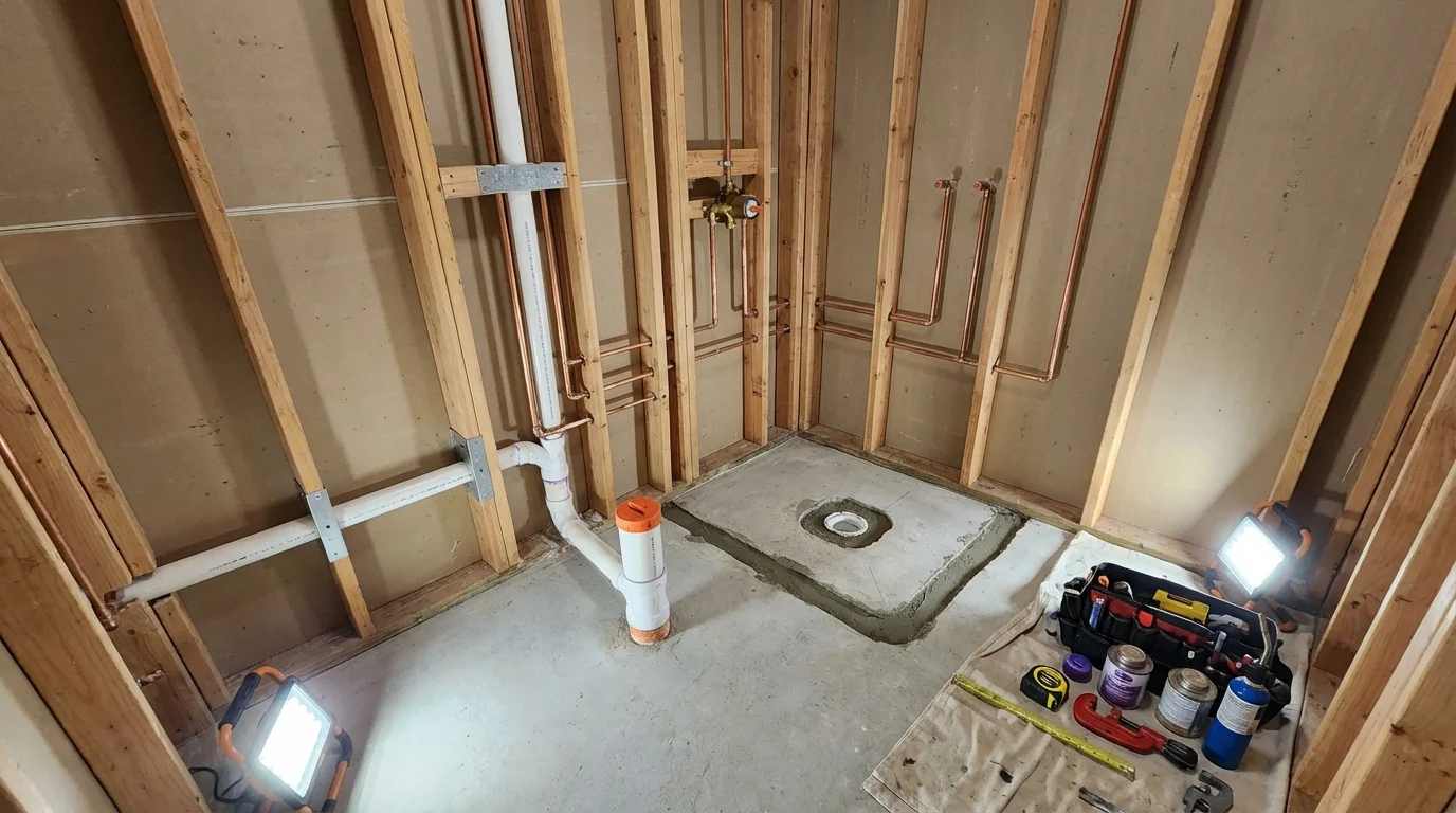 Bathroom rough-in plumbing during remodel by Johns Plumbing LLC in Phillips