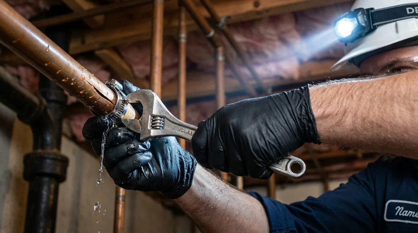 Emergency pipe clamp repair being performed by a Johns Plumbing LLC plumber in Phillips