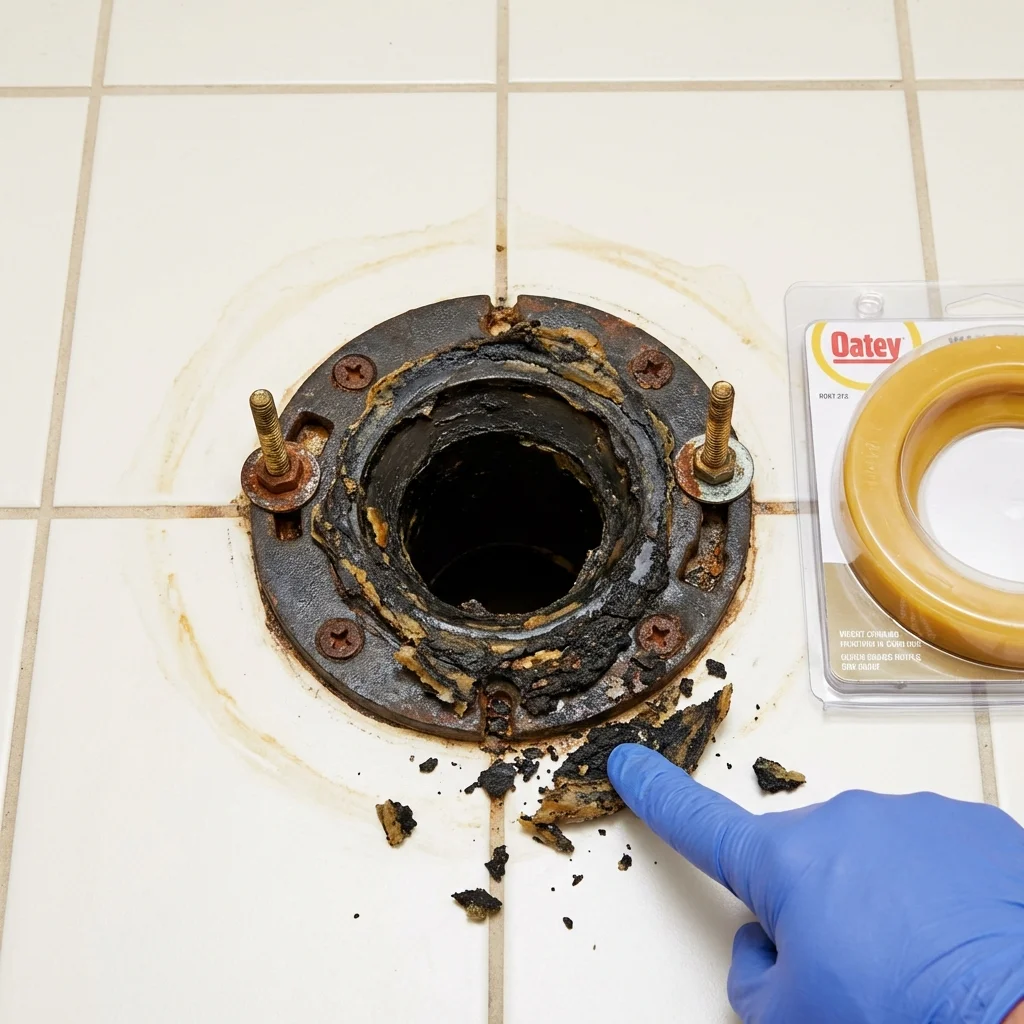 Failed wax ring showing water seepage at the base of a toilet in a Phillips, WI home