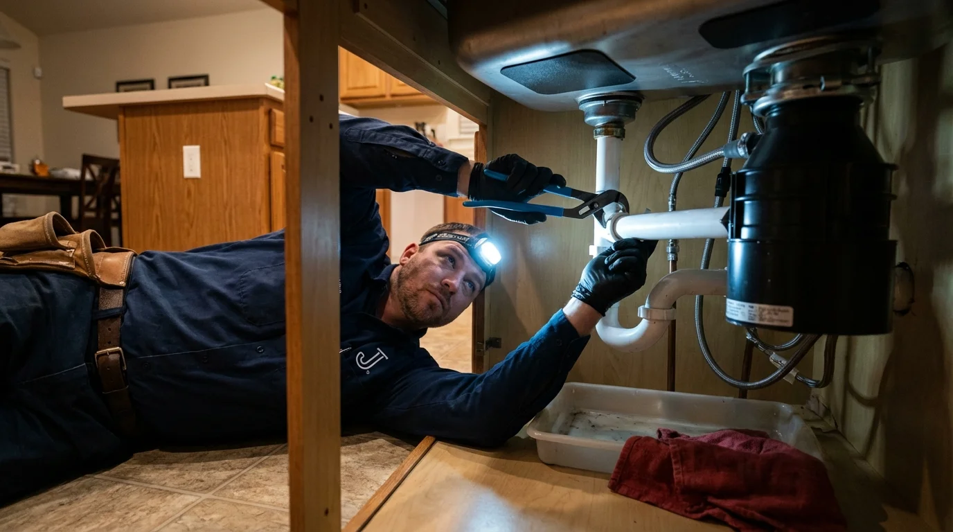 P-trap and supply line connections under a kitchen sink showing a common leak point in Phillips, WI